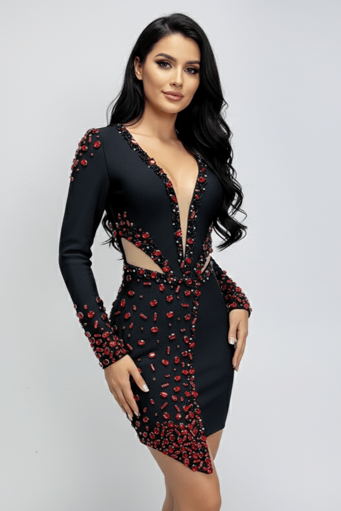 Beaded Long Sleeve Midi Dress by Luxe Lane | from Luxe Lane | SKU:  | Barcode:  | Options: Black S | Beaded Long Sleeve Midi Dress