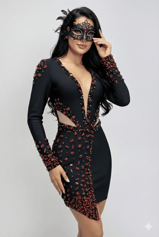 Beaded Long Sleeve Midi Dress by Luxe Lane | from Luxe Lane | SKU:  | Barcode:  | Options: Black S | Beaded Long Sleeve Midi Dress