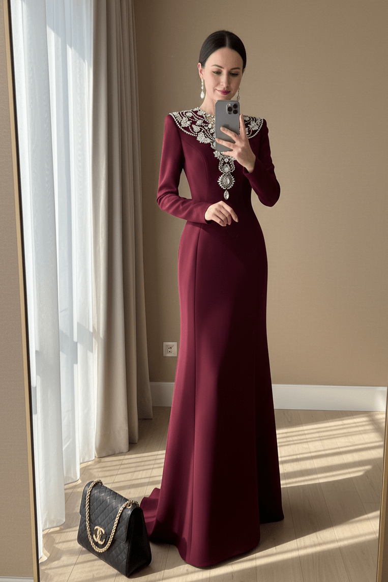 Beaded Neckline Long Sleeve Bodycon Maxi Evening GownParty dressesBurgundyS(2)Luxe Lane
