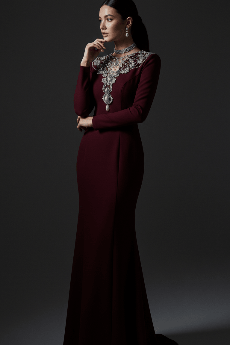 Beaded Neckline Long Sleeve Bodycon Maxi Evening GownParty dressesBurgundyS(2)Luxe Lane