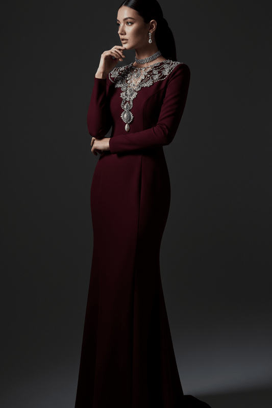 Beaded Neckline Long Sleeve Bodycon Maxi Evening GownParty dressesBurgundyS(2)Luxe Lane