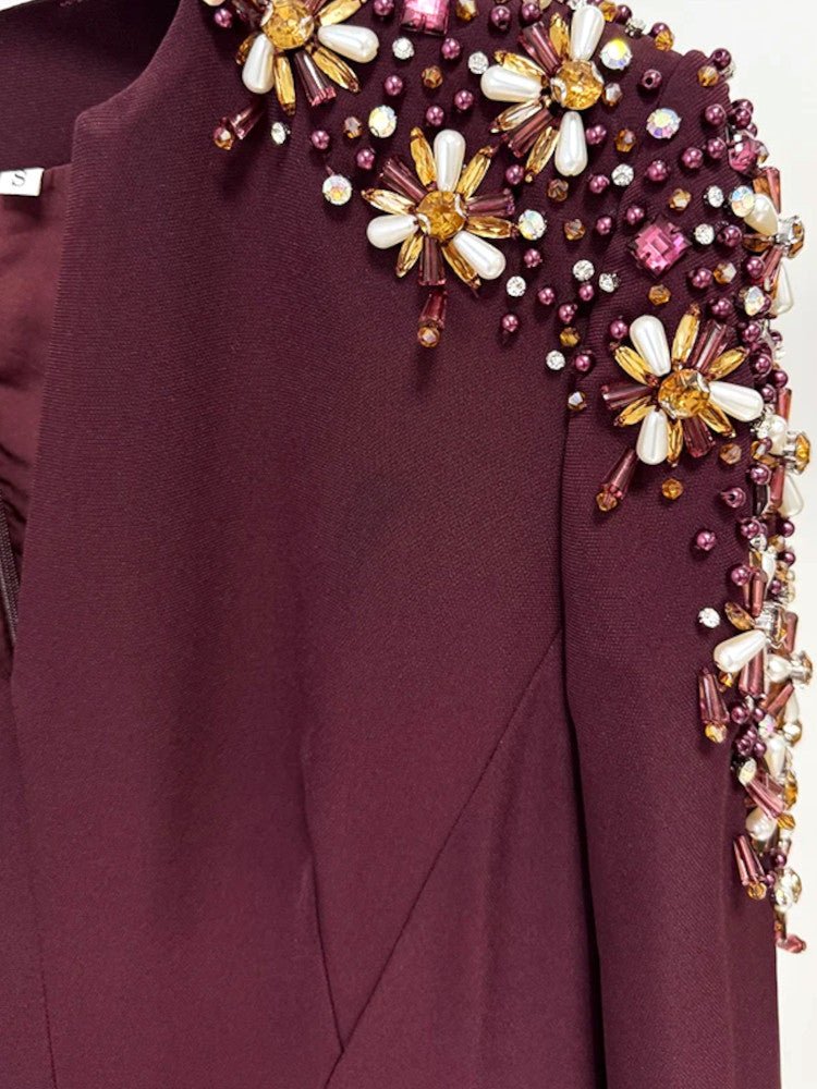 Beaded Neckline Long Sleeve Bodycon Maxi Evening GownParty dressesBurgundyS(2)Luxe Lane