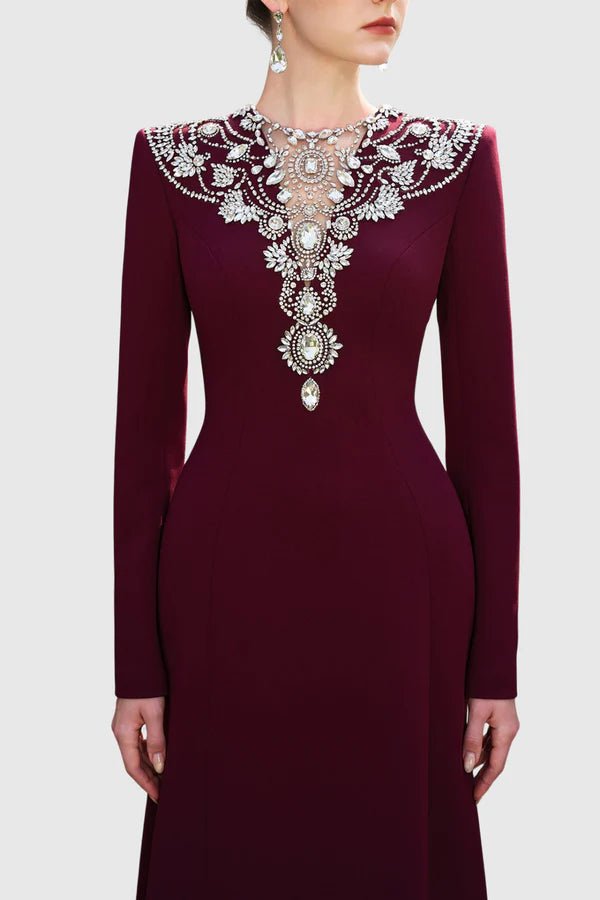 Beaded Neckline Long Sleeve Bodycon Maxi Evening GownParty dressesBurgundyS(2)Luxe Lane