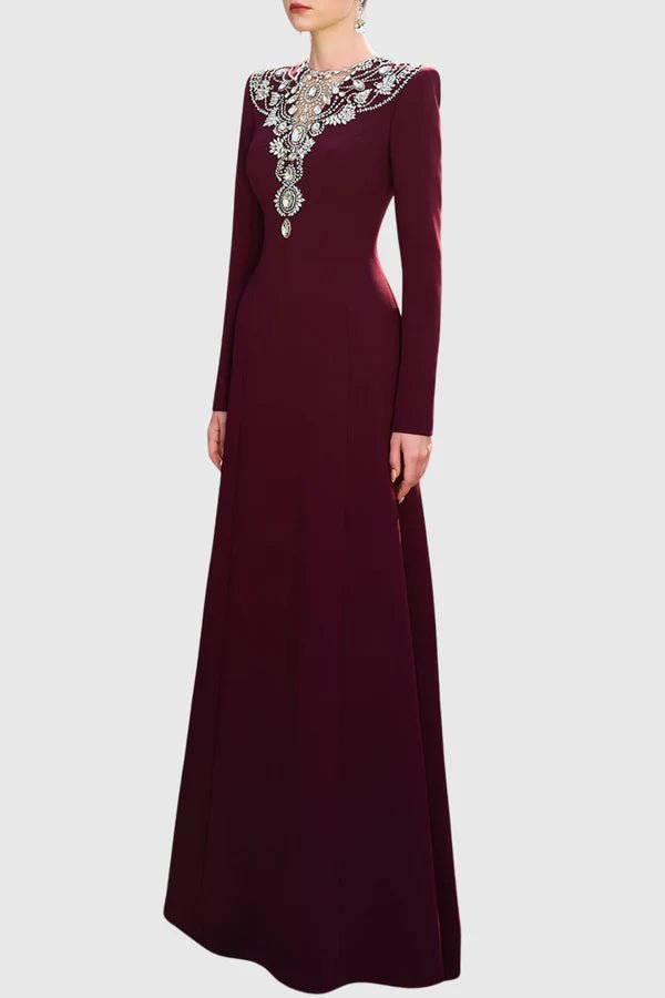 Beaded Neckline Long Sleeve Bodycon Maxi Evening GownParty dressesBurgundyS(2)Luxe Lane