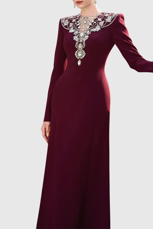 Beaded Neckline Long Sleeve Bodycon Maxi Evening GownParty dressesBurgundyS(2)Luxe Lane