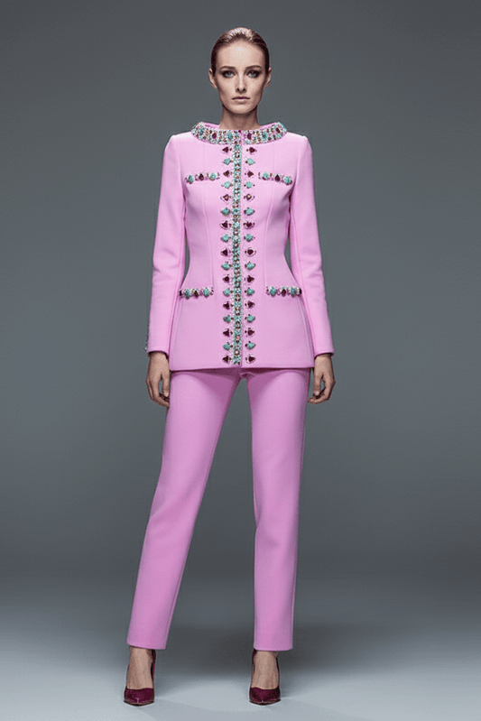 Beaded Rhinestone Blazer Two - Piece Set by Shine | 2 piece long set from Luxe Lane | SKU: -1 | Barcode:  | Options: Purple S(6) | Pink suit with embellishments on a gray background