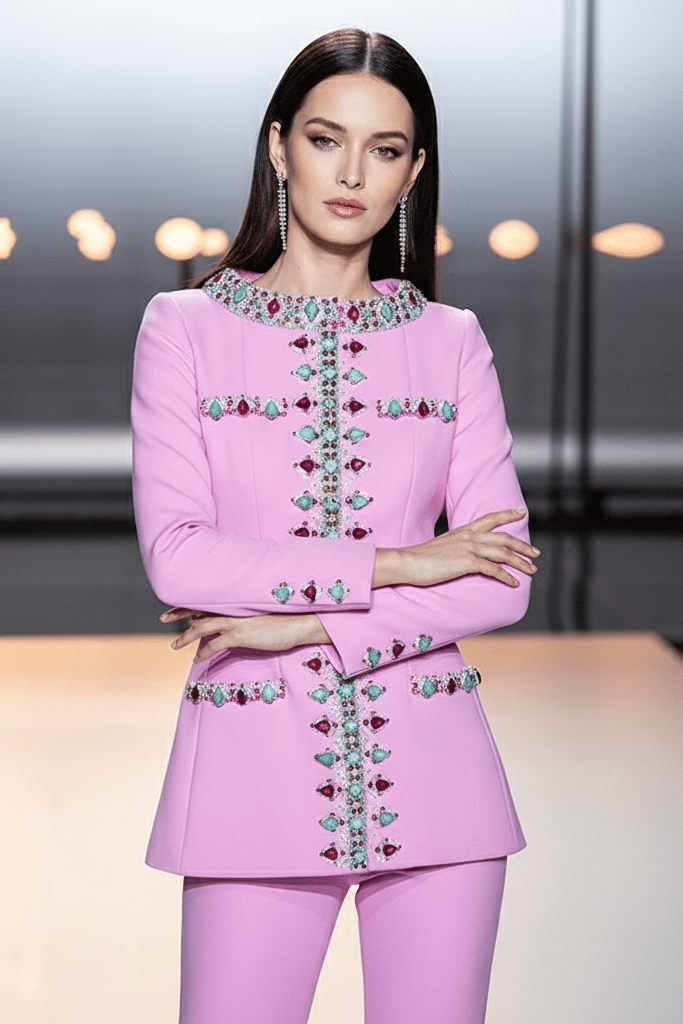 Beaded Rhinestone Blazer Two - Piece Set by Shine | 2 piece long set from Luxe Lane | SKU: -1 | Barcode:  | Options: Purple S(6) | Model wearing a pink outfit with intricate embellishments in a modern setting