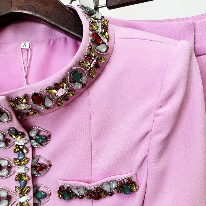 Beaded Rhinestone Blazer Two - Piece Set by Shine | 2 piece long set from Luxe Lane | SKU: -1 | Barcode:  | Options: Purple S(6) | Moq 1 Piece 2025 New Fashion 2 Piece Set Purple Boutique Women Clothing Conjuntos Para Mujer Beaded Rhinestone Blazer Suits Set