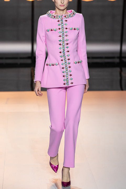 Beaded Rhinestone Blazer Two - Piece Set by Shine | 2 piece long set from Luxe Lane | SKU: -1 | Barcode:  | Options: Purple S(6) | Moq 1 Piece 2025 New Fashion 2 Piece Set Purple Boutique Women Clothing Conjuntos Para Mujer Beaded Rhinestone Blazer Suits Set