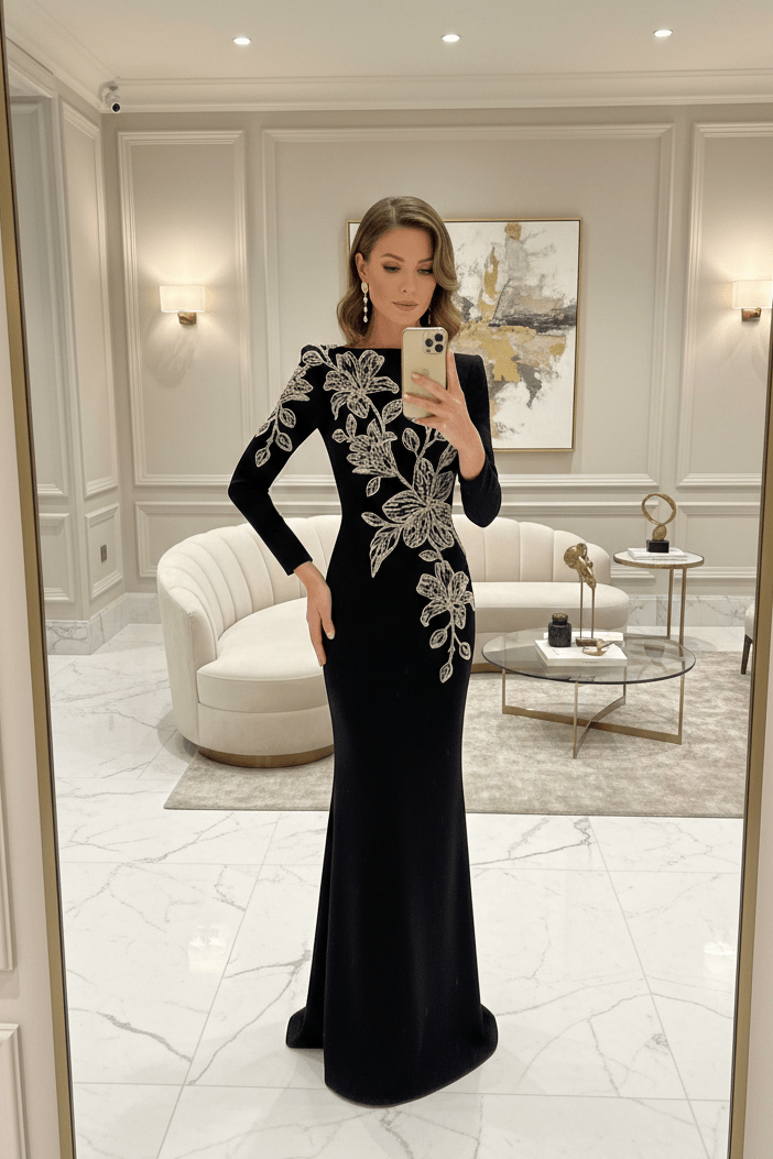Beaded Rhinestone High - Neck Bodycon Maxi Evening DressParty dressesBlackS(6)blackLuxe Lane