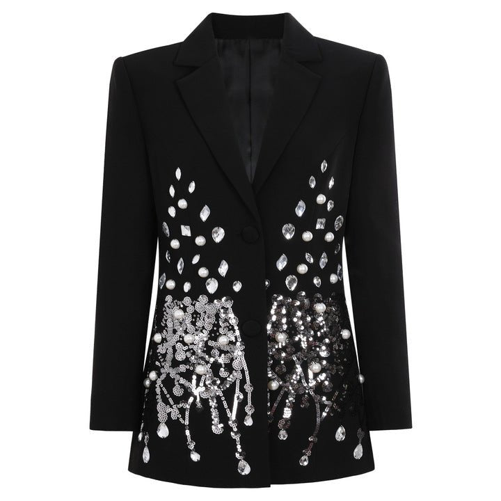 Beaded Single - Breasted Sequin Blazer Dress by Shine | from Luxe Lane | SKU: W11298-1 | Barcode:  | Options: Black S(2) | Elegant Single Breasted Long Sleeve Women Formal Beaded Suit Dress Luxury Black Sequin Pearl Rhinestone Blazer Dress