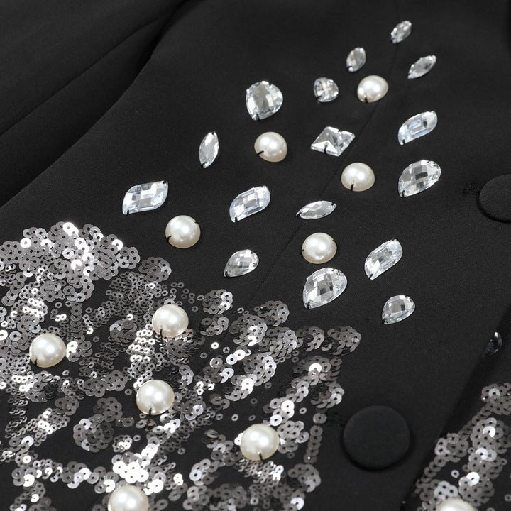 Beaded Single - Breasted Sequin Blazer Dress by Shine | from Luxe Lane | SKU: W11298-1 | Barcode:  | Options: Black S(2) | Elegant Single Breasted Long Sleeve Women Formal Beaded Suit Dress Luxury Black Sequin Pearl Rhinestone Blazer Dress
