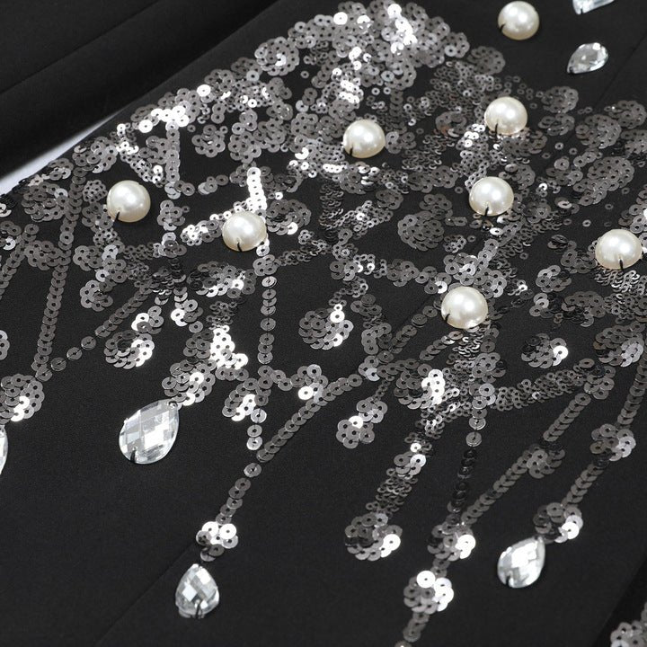 Beaded Single - Breasted Sequin Blazer Dress by Shine | from Luxe Lane | SKU: W11298-1 | Barcode:  | Options: Black S(2) | Elegant Single Breasted Long Sleeve Women Formal Beaded Suit Dress Luxury Black Sequin Pearl Rhinestone Blazer Dress