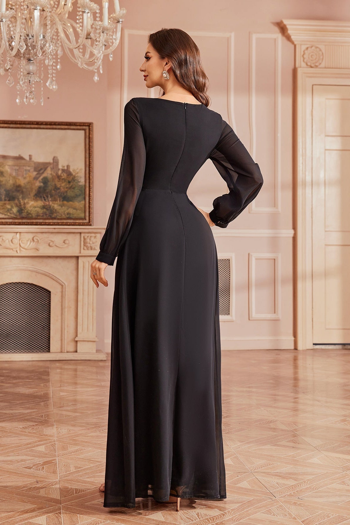 Black and Gold Sequin Boat-Neck Long-Sleeve Chiffon Double-Slit Bodycon Maxi Evening GownEvening DressesBlackS(6)Luxe Lane