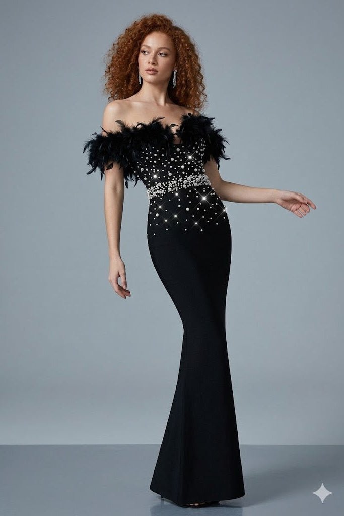 Black Feather Pearl Maxi Gownsheath gownBlackS(2)Luxe Lane