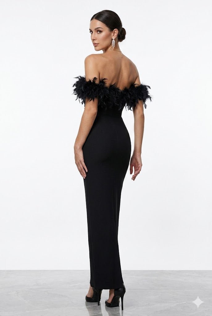 Black Feather Pearl Maxi Gownsheath gownBlackS(2)Luxe Lane