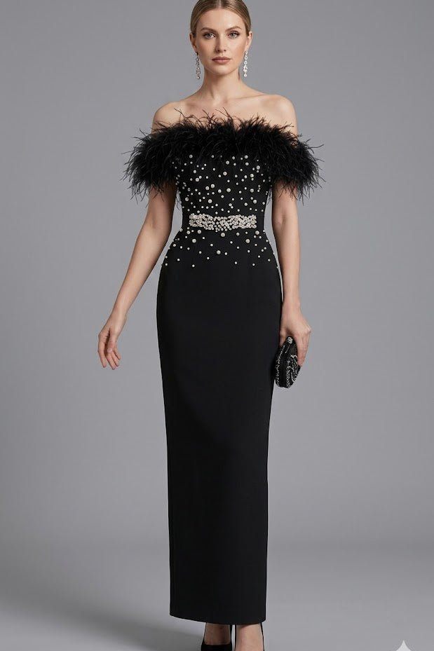 Black Feather Pearl Maxi Gownsheath gownBlackS(2)Luxe Lane