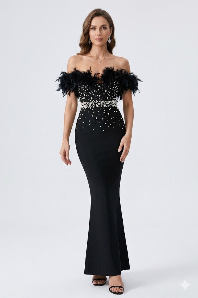 Black Feather Pearl Maxi Gownsheath gownBlackS(2)Luxe Lane