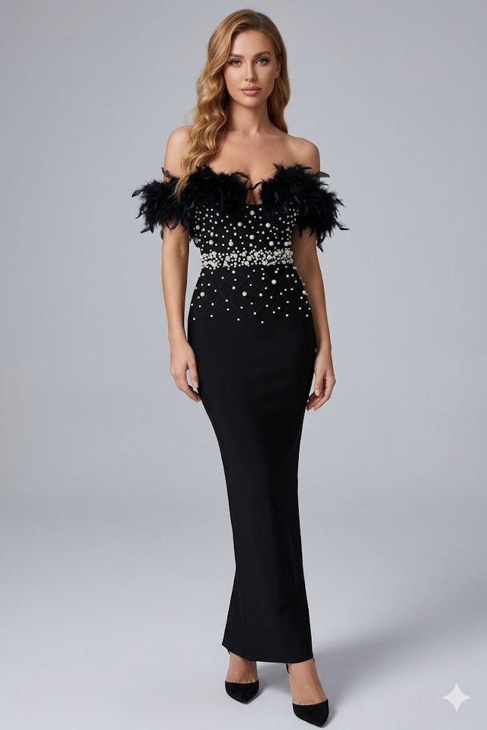 Black Feather Pearl Maxi Gownsheath gownBlackS(2)Luxe Lane