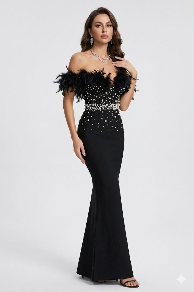 Black Feather Pearl Maxi Gownsheath gownBlackS(2)Luxe Lane
