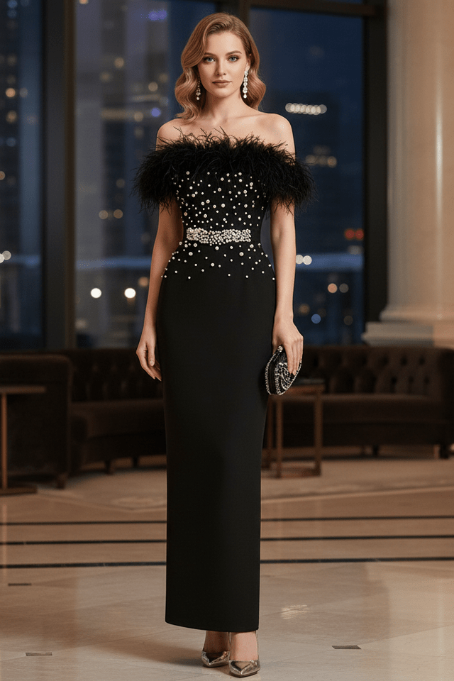 Black Feather Pearl Maxi Gownsheath gownBlackS(2)Luxe Lane