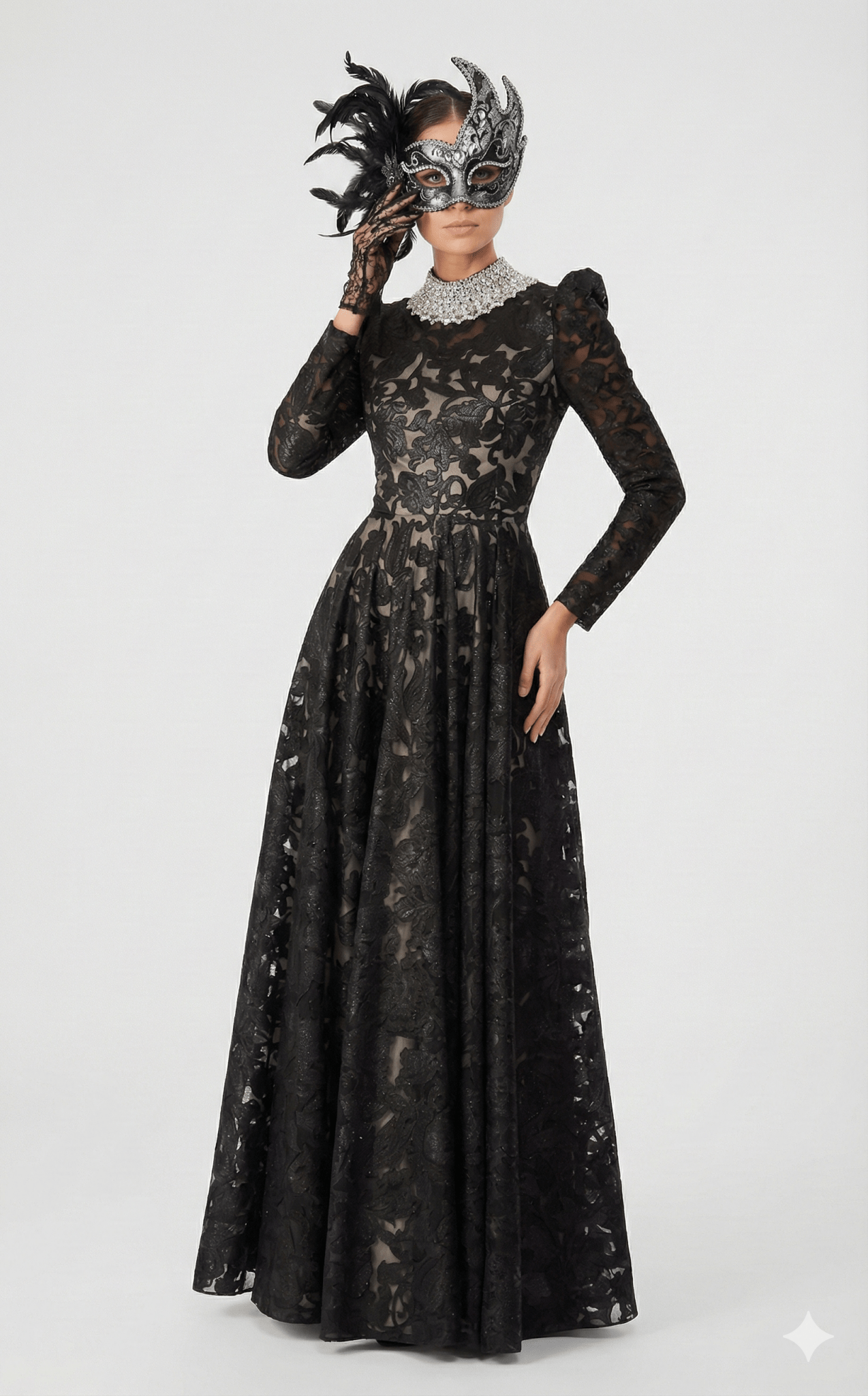 Black Lace High - Neck Long Sleeve Maxi Evening Dress by Luxe Lane | a - line gown from Luxe Lane | SKU: -1 | Barcode:  | Options: Black S(2) | Black lace evening gown with a matching mask on a white background