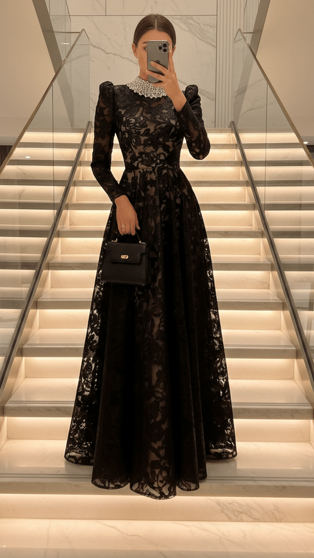 Black Lace High - Neck Long Sleeve Maxi Evening Dressa - line gownBlackS(2)Luxe Lane