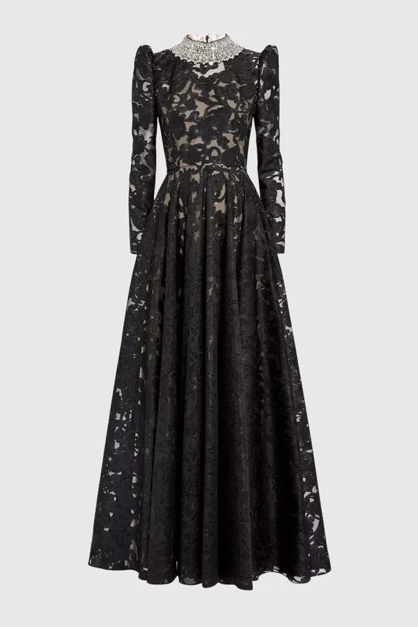 Black Lace High - Neck Long Sleeve Maxi Evening Dress by Luxe Lane | a - line gown from Luxe Lane | SKU: -1 | Barcode:  | Options: Black S(2) | Black Lace High - Neck Long Sleeve Maxi Evening Dress