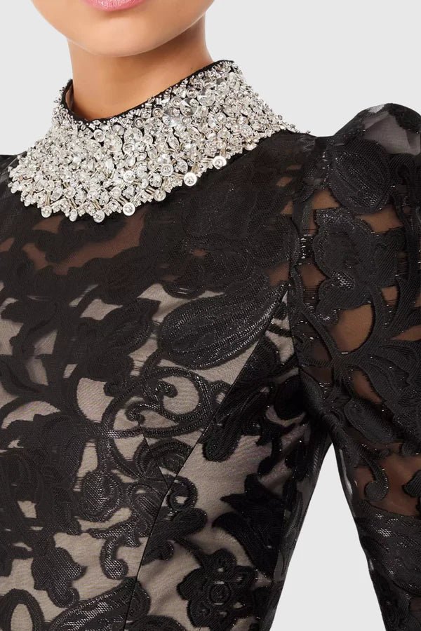 Black Lace High - Neck Long Sleeve Maxi Evening Dress by Luxe Lane | a - line gown from Luxe Lane | SKU: -1 | Barcode:  | Options: Black S(2) | Black Lace High - Neck Long Sleeve Maxi Evening Dress