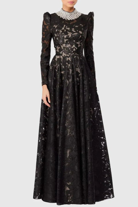 Black Lace High - Neck Long Sleeve Maxi Evening Dress by Luxe Lane | a - line gown from Luxe Lane | SKU: -1 | Barcode:  | Options: Black S(2) | Black lace evening gown on a plain background