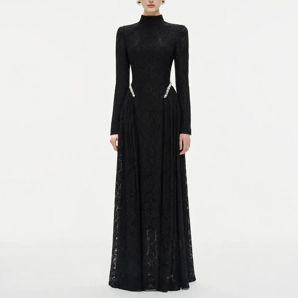 Black Lace Rhinestone High Neck Long Sleeve Maxi DressEvening DressesBlackS(6)Luxe Lane