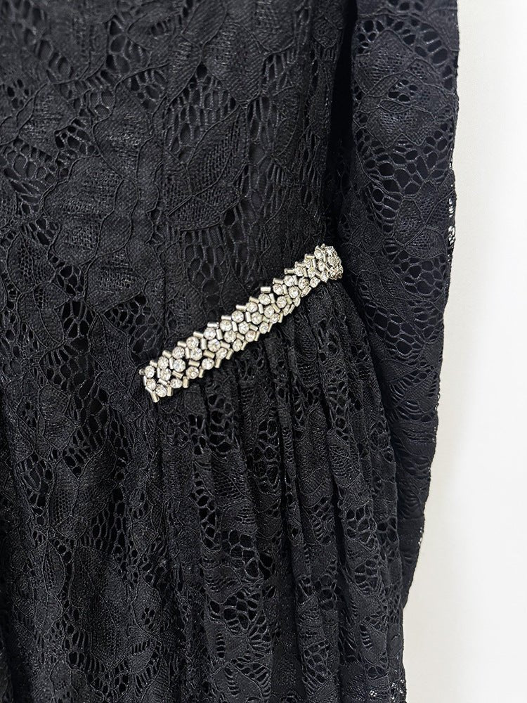 Black Lace Rhinestone High Neck Long Sleeve Maxi DressEvening DressesBlackS(6)Luxe Lane
