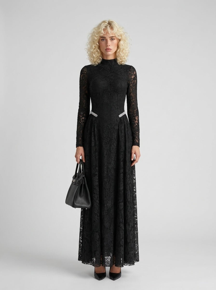 Black Lace Rhinestone High Neck Long Sleeve Maxi DressEvening DressesBlackS(6)Luxe Lane