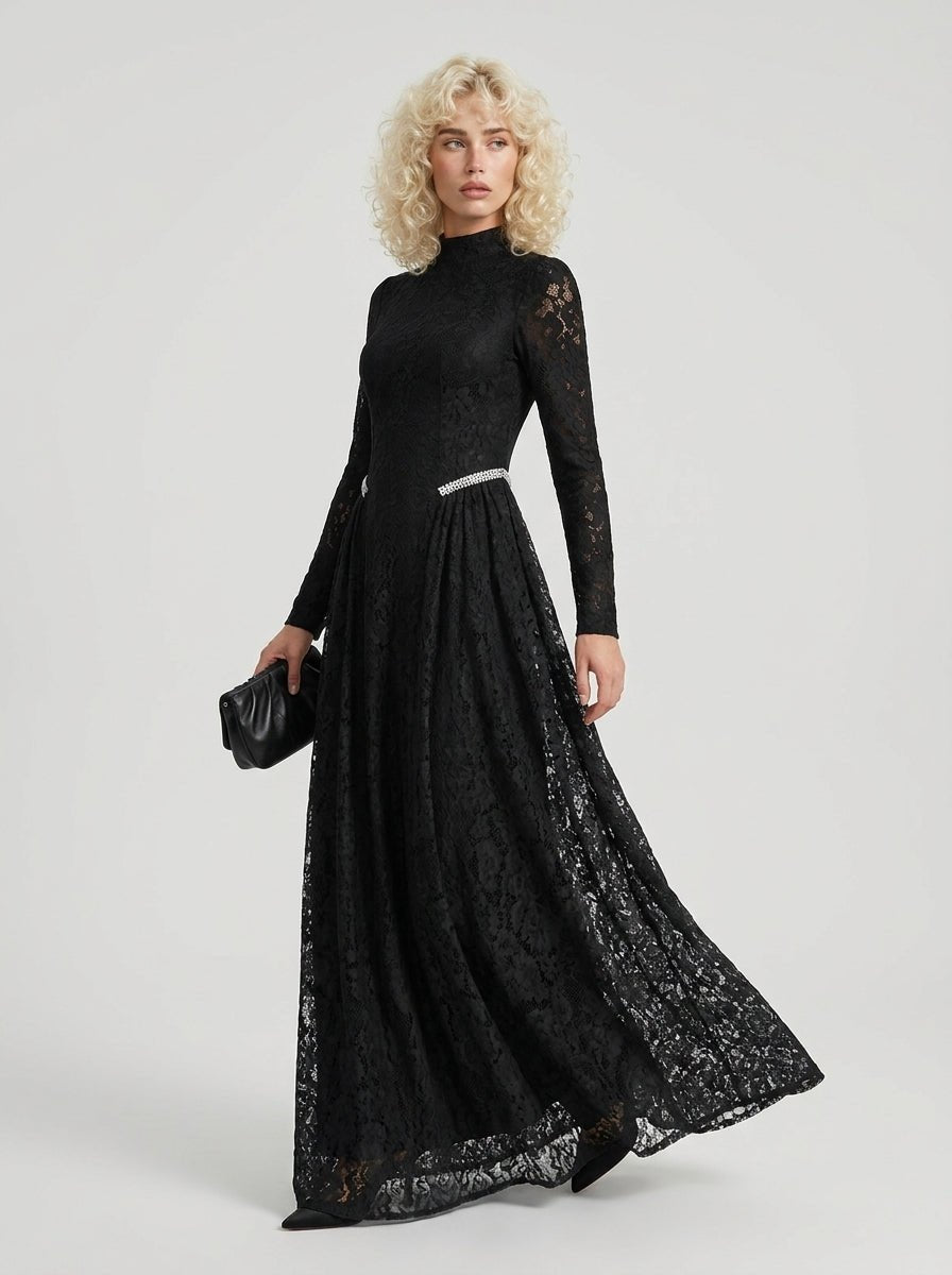 Black Lace Rhinestone High Neck Long Sleeve Maxi DressEvening DressesBlackS(6)Luxe Lane