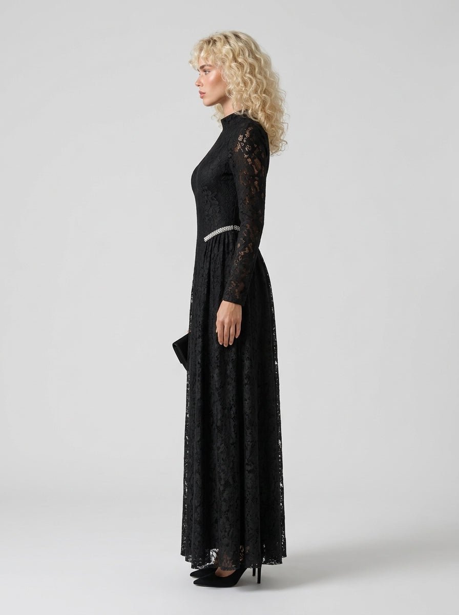 Black Lace Rhinestone High Neck Long Sleeve Maxi DressEvening DressesBlackS(6)Luxe Lane