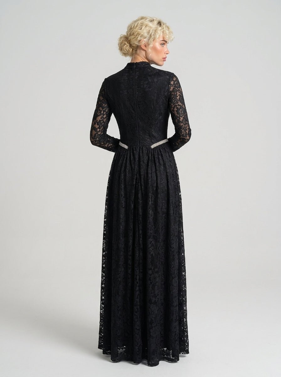 Black Lace Rhinestone High Neck Long Sleeve Maxi DressEvening DressesBlackS(6)Luxe Lane