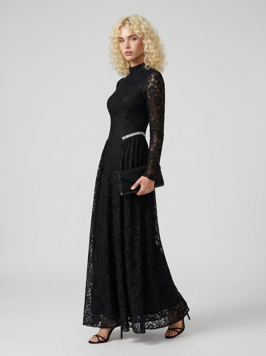 Black Lace Rhinestone High Neck Long Sleeve Maxi DressEvening DressesBlackS(6)Luxe Lane