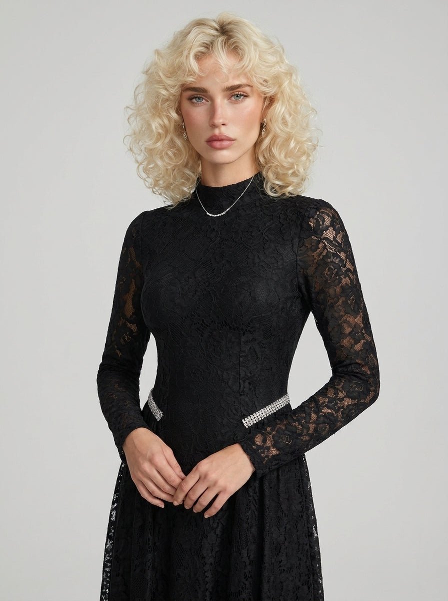 Black Lace Rhinestone High Neck Long Sleeve Maxi DressEvening DressesBlackS(6)Luxe Lane