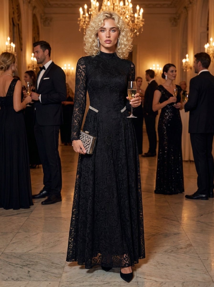 Black Lace Rhinestone High Neck Long Sleeve Maxi DressEvening DressesBlackS(6)Luxe Lane