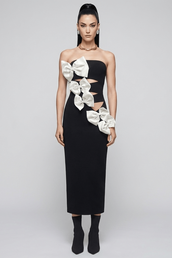 Black Off - Shoulder Bow Detail Maxi Dress by Luxe Lane | from Luxe Lane | SKU: -1 | Barcode:  | Options: Black S(6) | Black strapless dress with large white bows on a gray background