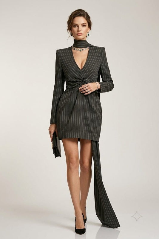 Black Pinstripe Blazer Mini DressEvening DressesBlackS(2)Luxe Lane
