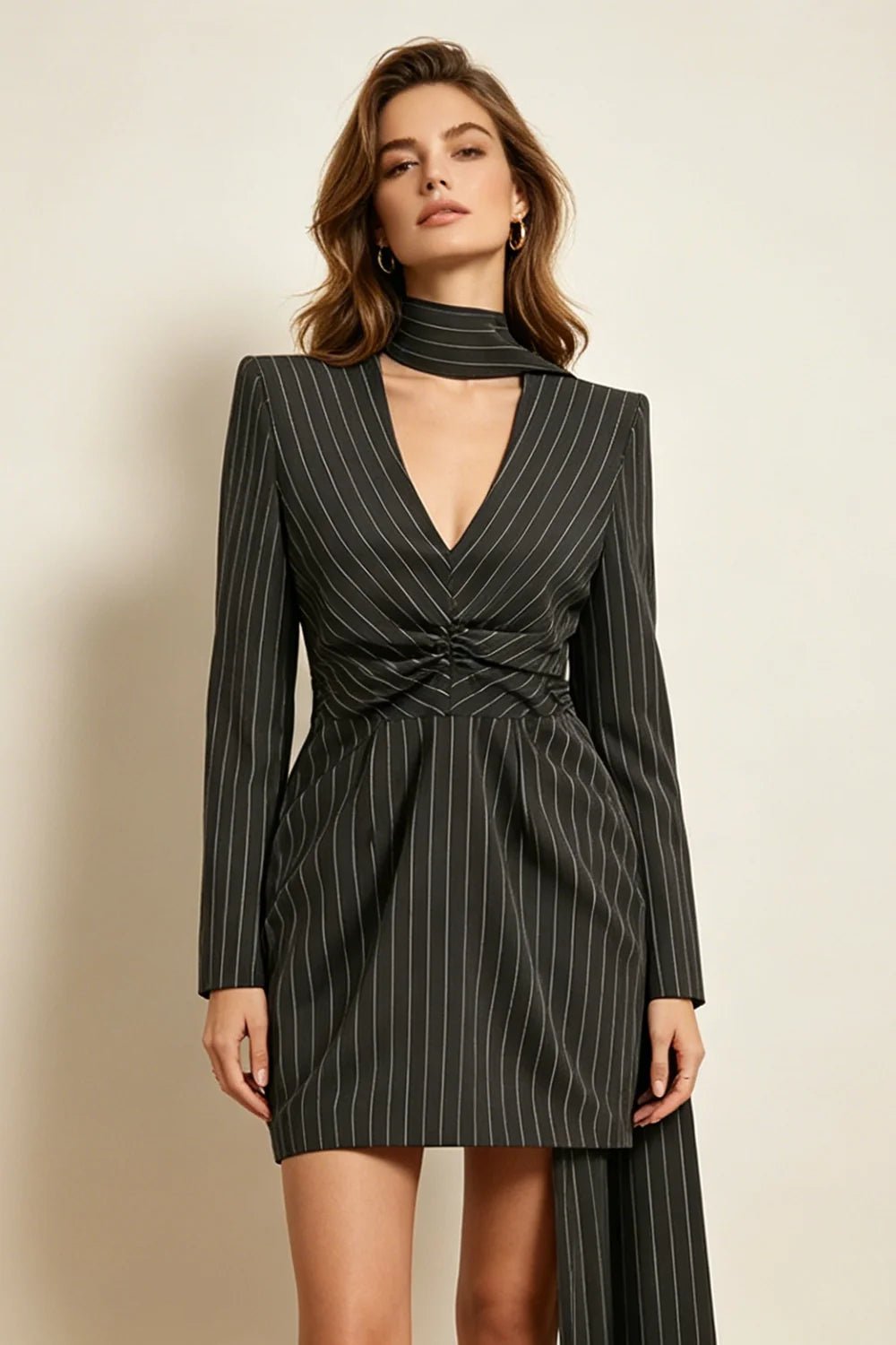 Black Pinstripe Blazer Mini DressEvening DressesBlackS(2)Luxe Lane