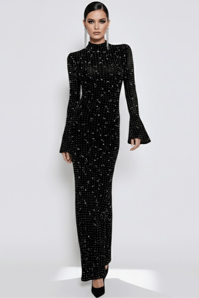 Black Rhinestone Bandage Evening Gown by Shien | Party dresses from Luxe Lane | SKU:  | Barcode:  | Options: Black S(6) | Black Rhinestone Bandage Evening Gown