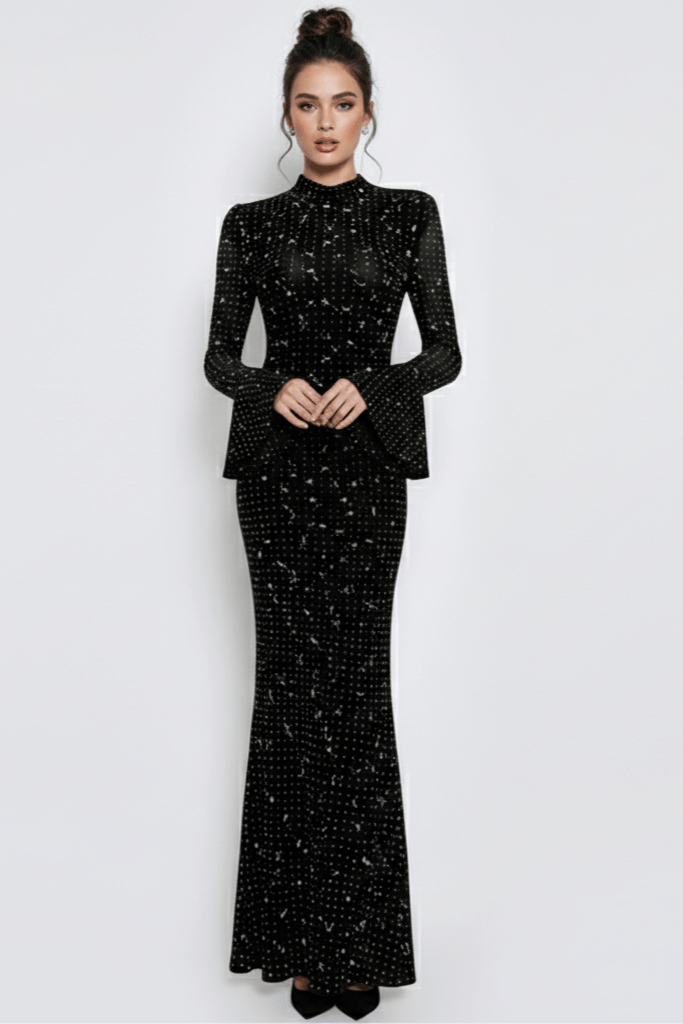 Black Rhinestone Bandage Evening Gown by Shien | Party dresses from Luxe Lane | SKU:  | Barcode:  | Options: Black S(6) | Black Rhinestone Bandage Evening Gown
