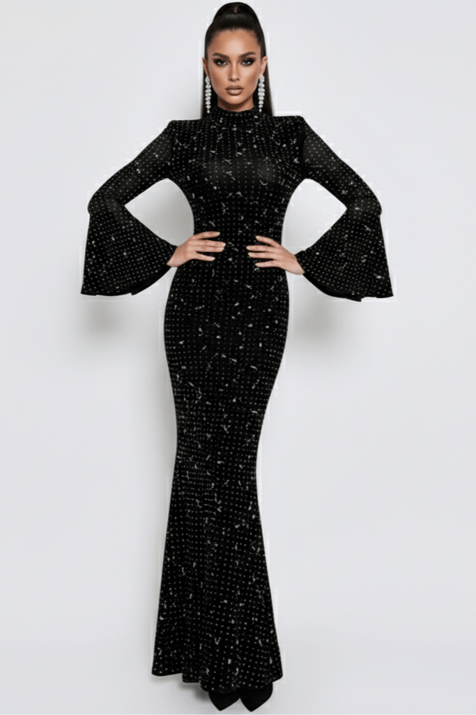 Black Rhinestone Bandage Evening Gown by Shien | Party dresses from Luxe Lane | SKU:  | Barcode:  | Options: Black S(6) | Black beaded evening gown on a white background