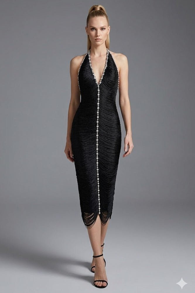 Black Rhinestone Halter Midi DressEvening DressesBlackS(2)blackLuxe Lane