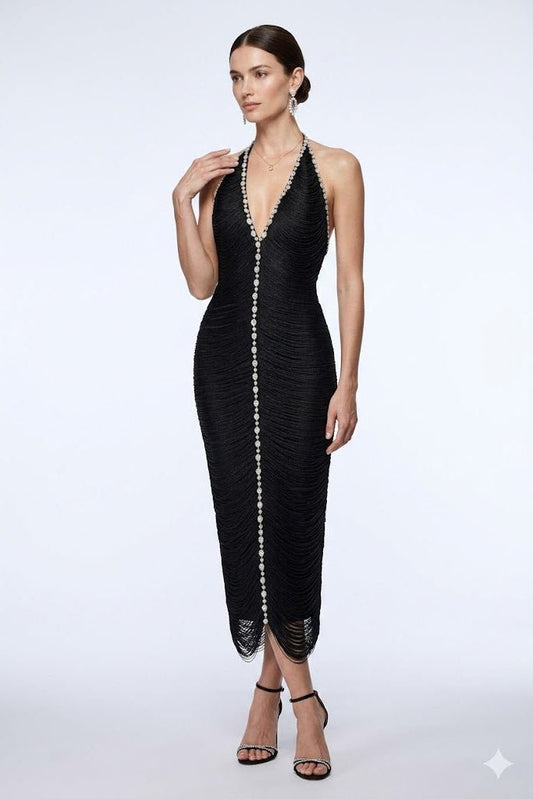 Black Rhinestone Halter Midi DressEvening DressesBlackS(2)blackLuxe Lane