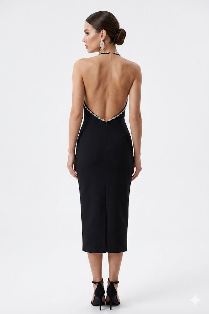 Black Rhinestone Halter Midi DressEvening DressesBlackS(2)blackLuxe Lane