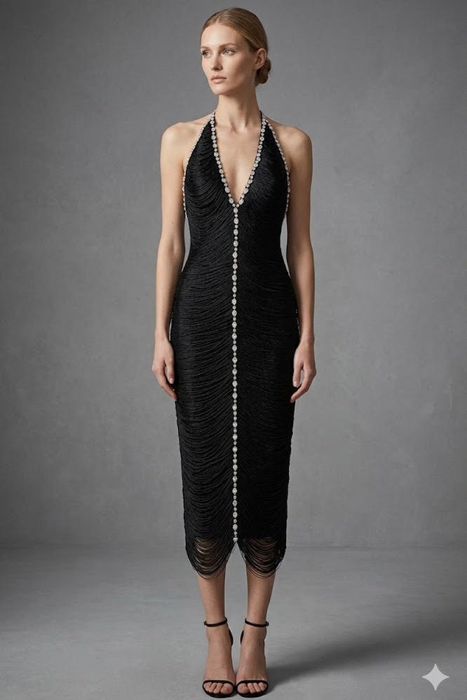 Black Rhinestone Halter Midi Dress – Elegant Cocktail Gown