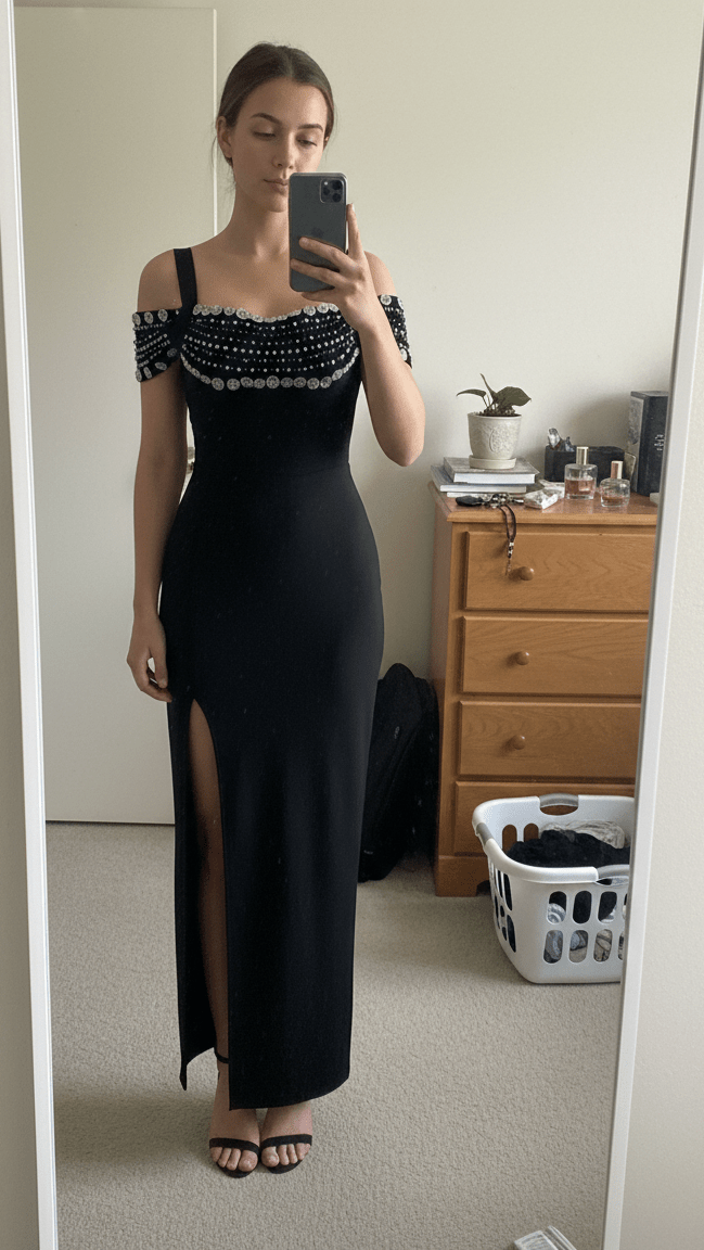 Black Rhinestone Off - Shoulder Bodycon Maxi Evening Dressheath gownBlackS(2)Luxe Lane